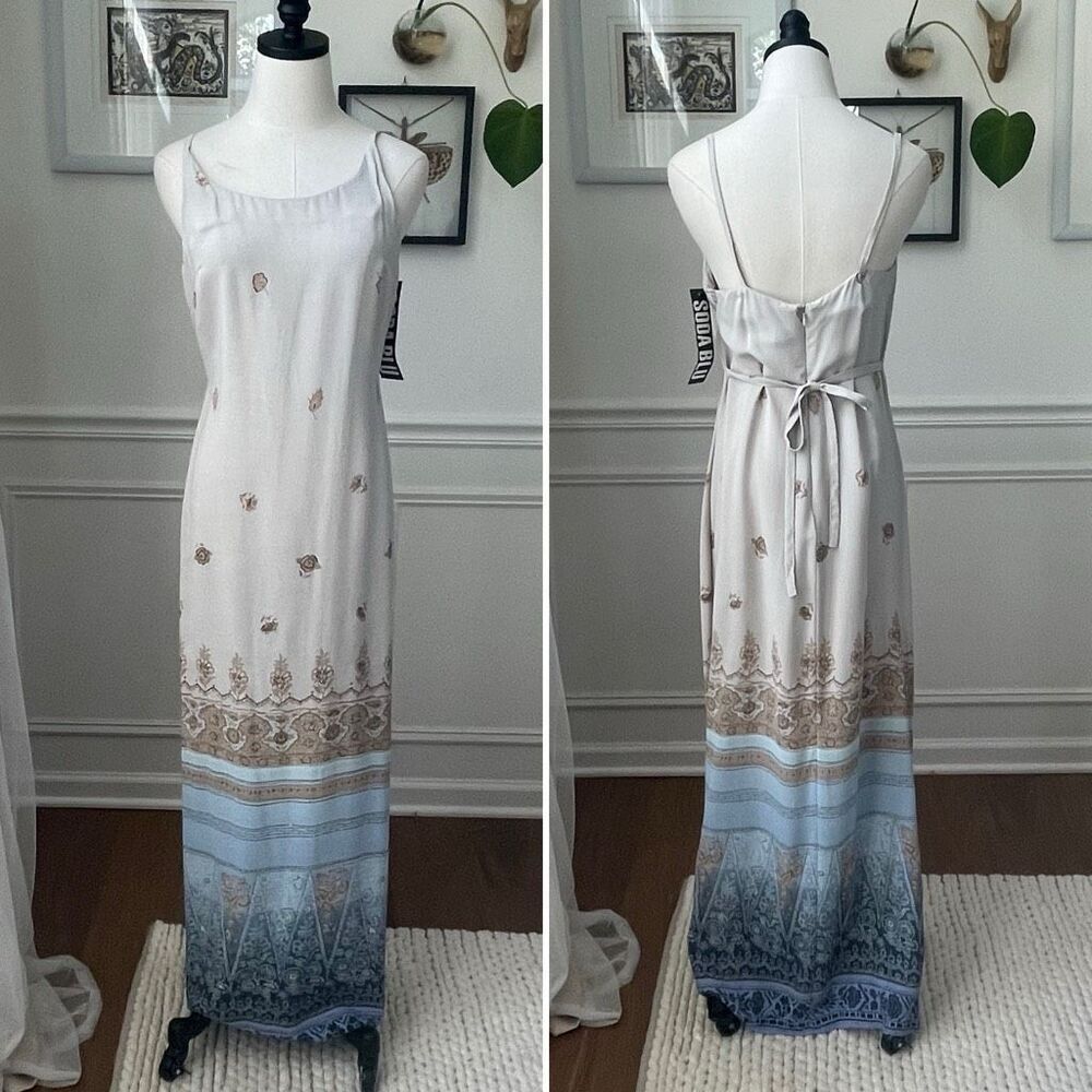 NWT NOS Vintage 90s Soda Blu Slip Maxi Dress Taupe Blue M